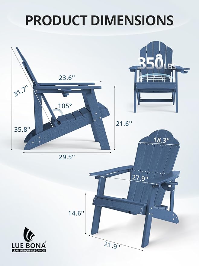 LUE BONA HDPE Adirondack Chairs Set of 4 - Weather Resistant Seating with Cup Holder for Poolside, Fire Pit, Deck & Resort Patio, Blue