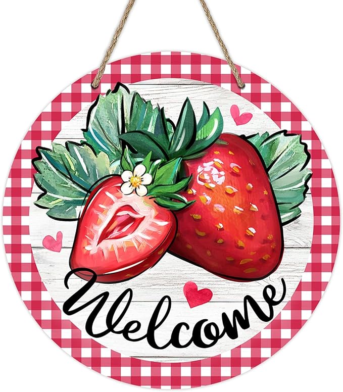 Deroro Welcome Spring Summer Strawberry Front Door Sign, Red Fruit Plaid Check Wood Door Hanger Outdoor Outside Porch Decor, Farmhouse Rustic Wooden Wreath Indoor Wall Hanging Decoration