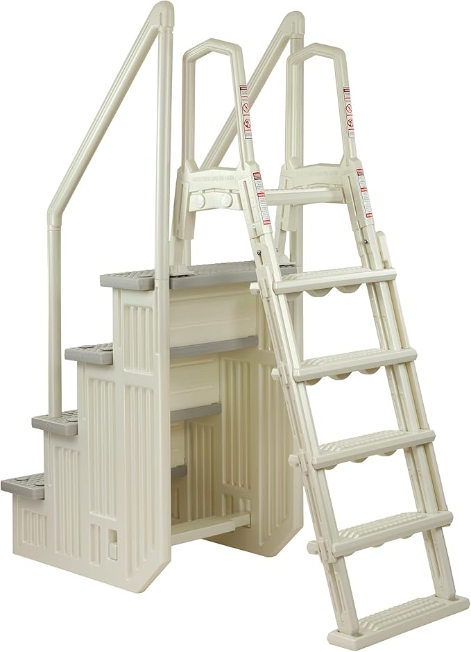 Aqua Select Anti-Slip in-Pool Steps with Outside Flip-Up Ladder | Pearl White w/Cloud Gray Steps | for Above Ground Swimming Pools | Mounts to Decks 48" to 54" H | Safety Stairs Capacity Up to 350 lbs