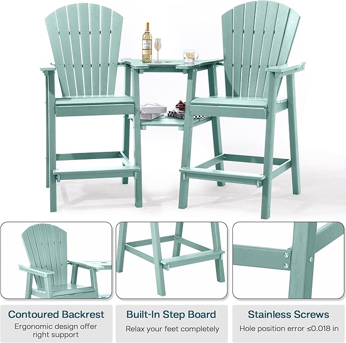 Tall Adirondack Chairs Set of 2, HDPE Balcony Chair with Double Connecting Tray, Weather Resistant Outdoor Adirondack Bar Stools for Patio, Deck, Patio, Backyard, Balcony.(Lake Blue)