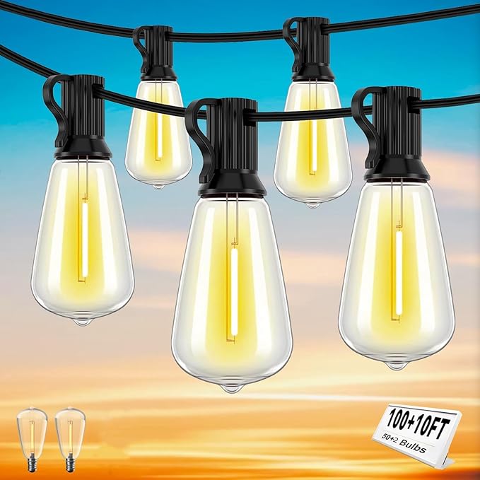 100+10FT LED Outdoor String Lights, Patio Deck Lights with 50+2 Shatterproof ST38 Edison Bulbs, Dimmable Warm White Waterproof Outside Hanging Lights Connectable for Backyard Porch Garden