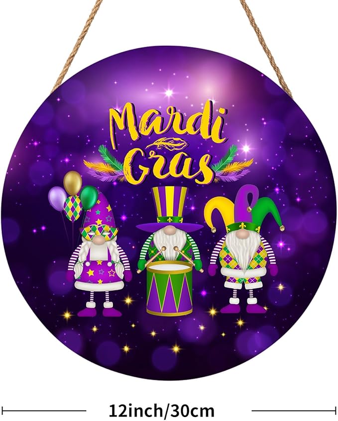 Happy Mardi Gras Door Sign For Front Door Decor,Purple Masquerade Gnomes Wooden Sign 12"x 12" Round Wood Hanging Door Sign Carnival Party Decoration for Wall Rustic Farmhouse Decor