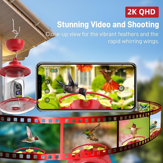 SOLIOM Hummingbird Feeder with Camera Solar Power, 2K Smart Hummingbird Feeder Camera Solar Powered with AI Identify, Ant Moat Pole Holder, Auto Detect, Ideal Gift for Hummingbird Lover (20 oz)