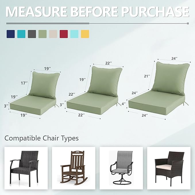 24x24 Inch Outdoor Chair Cushions Set of 4, Patio Furniture Cushions - Removable Cover, Water-Repellent, Fade-Resistant, Non-Slip Bottom & Straps, Replacement for Deep Seat Sofa & Couch - Sage Green