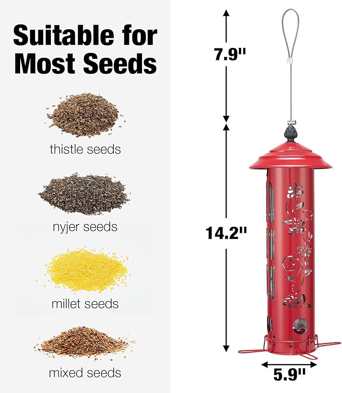 Veehoo Squirrel Proof Bird Feeder for Outdoors, Hanging Wild Bird Feeder Anti Squirrel with Weight-Activated Perches, Metal Cardinal Finch Feeder Outside Decorative for Thistle and Mixed Seed, Red