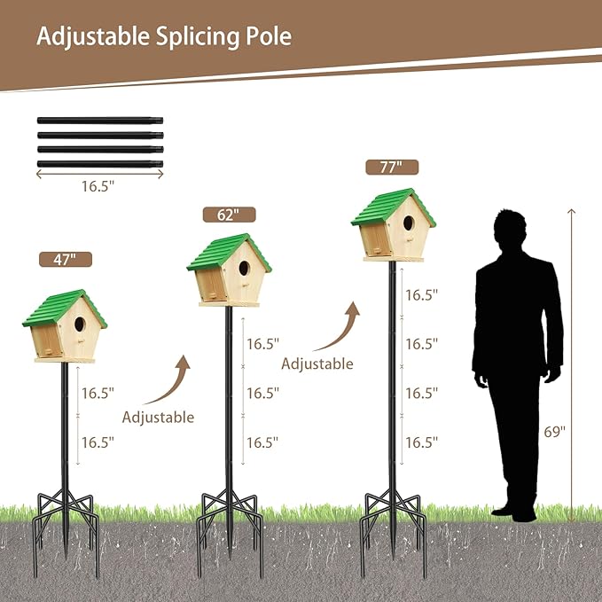 77 Inch Heavy Duty Smart Bird Feeder Pole for Outdoors with 5-Prong Base and 2 Plates, Rust-Proof Metal Wild Bird Feeder Stand/Post, Adjustable Birdhouse Pole, Weather Station Mounting Kit