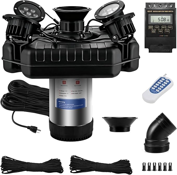 Floating Pond Fountain with 4pcs Led Lights 1HP 110V 750W with 98Ft Power Cord, Featuring a Timer, Metal Pond Waterfall Pump.