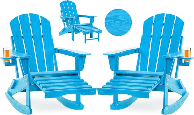 Folding Adirondack Rocking Chair Set of 2,4-in-1 Multifunctional Patio Chairs with Retractable Ottoman, Outdoor Chairs Wood Texture, Lawn Chair for Porch, Backyard, Pool(Pacific Blue)
