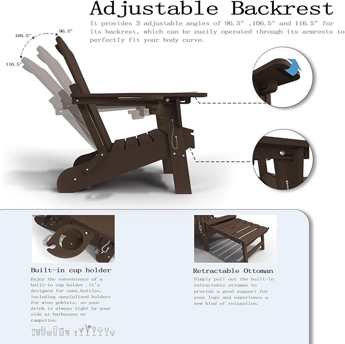 Folding Adjustable Adirondack Chairs with Ottoman & 1 Cup Holders, HDEP Multifunctional Adirondack Chair with Footrest,Brown
