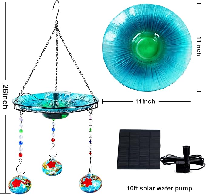 Hummingbird Feeder and Bird Bath for Outdoors 2-in-1 for Small Birds - Hummingbird Bath Fountain with 3 Red Feeder Pots - Hanging Solar Bird Bath Fountains NY1-FN04