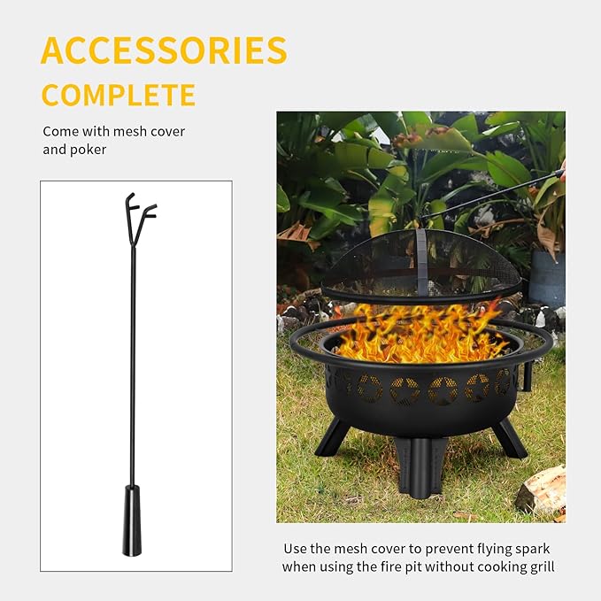 Hykolity 2 in 1 Fire Pit with Grill, Large 31" Wood Burning Fire Pit with Swivel Cooking Grate Outdoor Firepit for Backyard Bonfire Patio Outside Picnic BBQ, with Spark Cover, Fire Poker