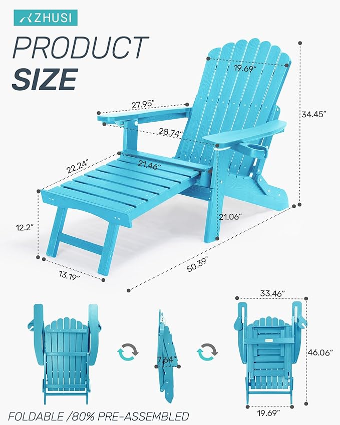 ZHUSI Folding Adirondack Chairs Set of 6 with Retractable Ottoman, Adjustable Adirondack Chair with 2 Cup Holders, Outdoor Chairs for Porch Patio Lawn Balcony Weather Resistant, Lake Blue