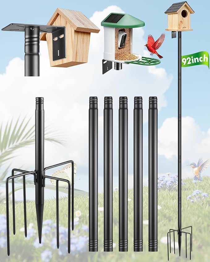 Smart Bird Feeder Pole Stand - 92 Inch Birdhouse Pole Heavy Duty Mounting Kits for Outdoor Metal Adjustable Bird Feeding Station for WildBird Watching Garden - Stable 7-Prong Base