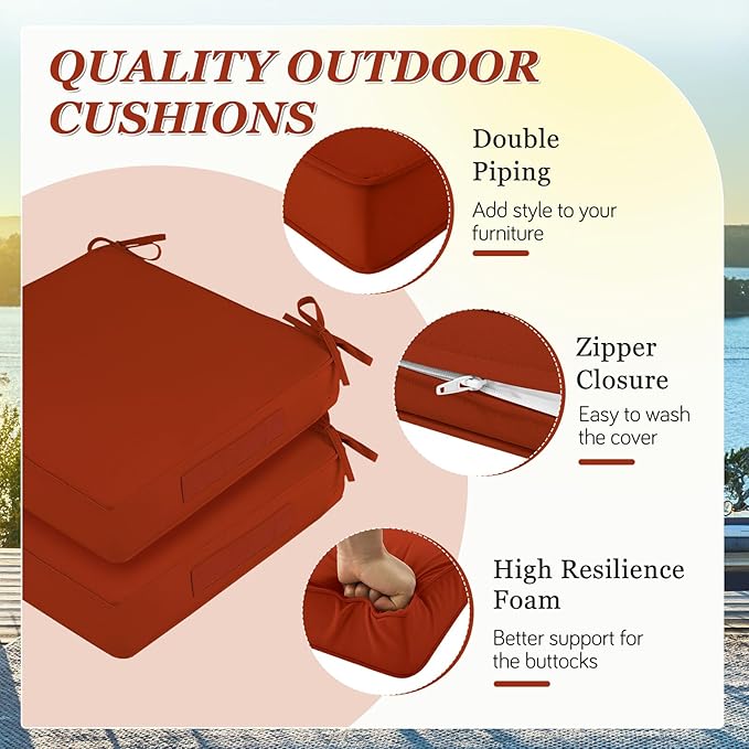 Waterproof Outdoor Chair Cushions Set of 2, Square Outdoor Seat Cushions with Ties and Removable Covers, 24 x 24 Outdoor Cushions for Patio Furniture with Portable Handle(Rust)