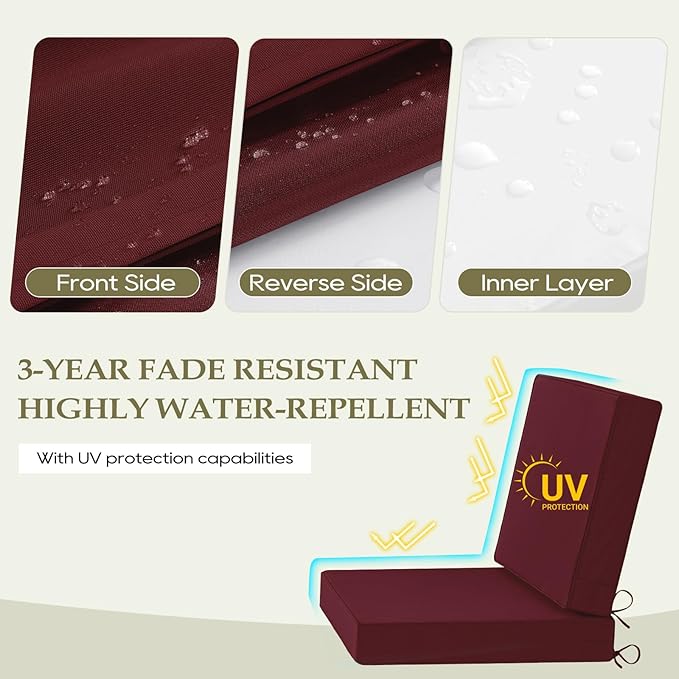 Wellsin Outdoor Cushions for Patio Furniture, Waterproof Outdoor Seat Cushions with Ties and Handle, 22X22 Outdoor Cushions, Outdoor Deep Seat Cushions with Removable Cover, Burgundy