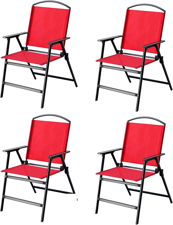 Outdoor Folding Patio Dining Chairs Set of 4 With Armrest Heavy-Duty Lightweight Protable Foldable Patio Sling Chair for Garden Lawn Poolside Backyard Deck Bistro Balcony Sillas Furnitures(4, red)