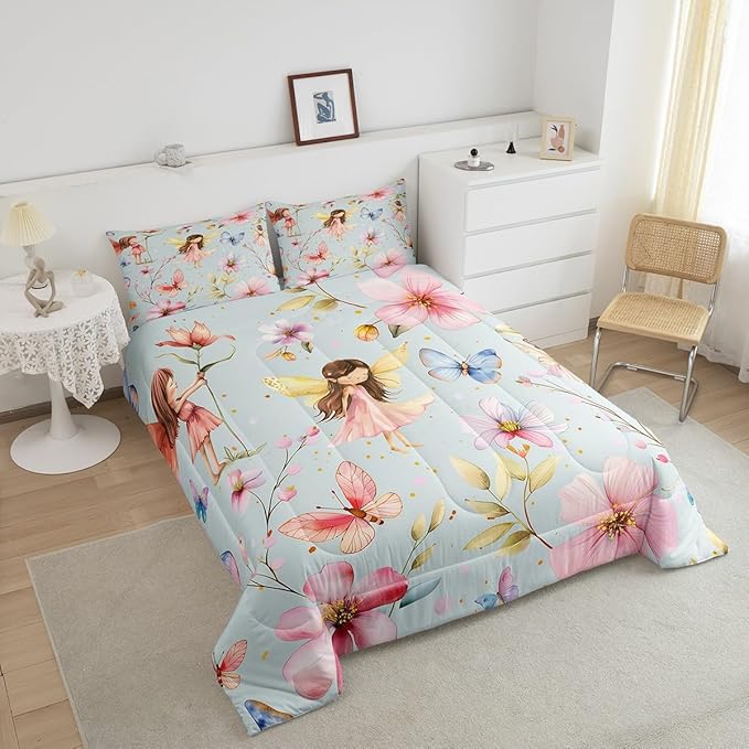 Erosebridal Floral Fairy Queen Comforter Set,Dreamy Fairy Garden Bedding Sets for Girls Kids,Cute Butterfly Flower Quilt Bed Set,Pink Girly Princess Bedroom Decor,2 Pillowcases Lightweight