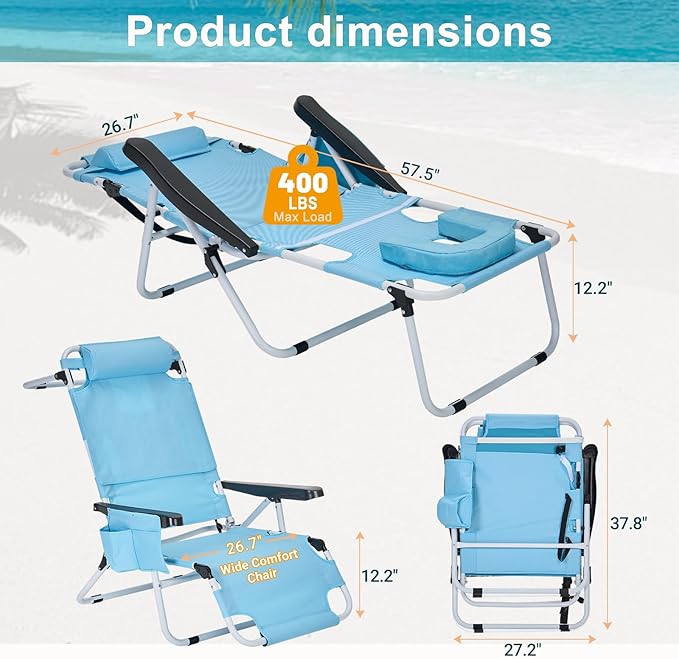 ABORON Tanning Chair with Face Hole, 5-Position Adjustable Reclining Beach Lounge Chair, Folding Face Down Sun Lounger for Beach, Poolside, Patio, Lawn, Home(Sky Blue)