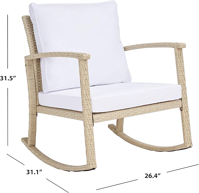SAFAVIEH Outdoor Collection Daire Woven Beige/White Cushion Rocking Chair for Patio Porch Backyard Sunroom