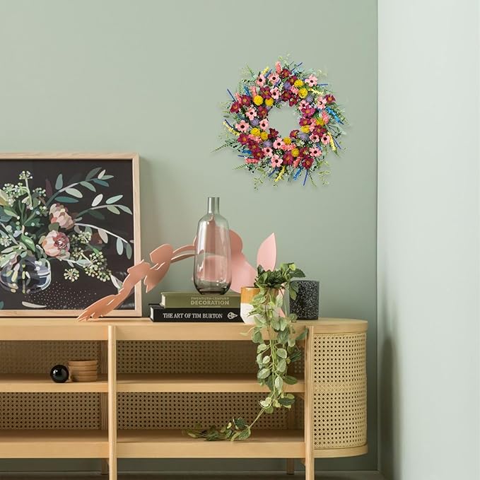 22 Inches Artificial Floral Wreath for Front Door Colorful Daisy and Green Leaves Wreath for Spring/Summer Indoor Outdoor Farmhouse Decor
