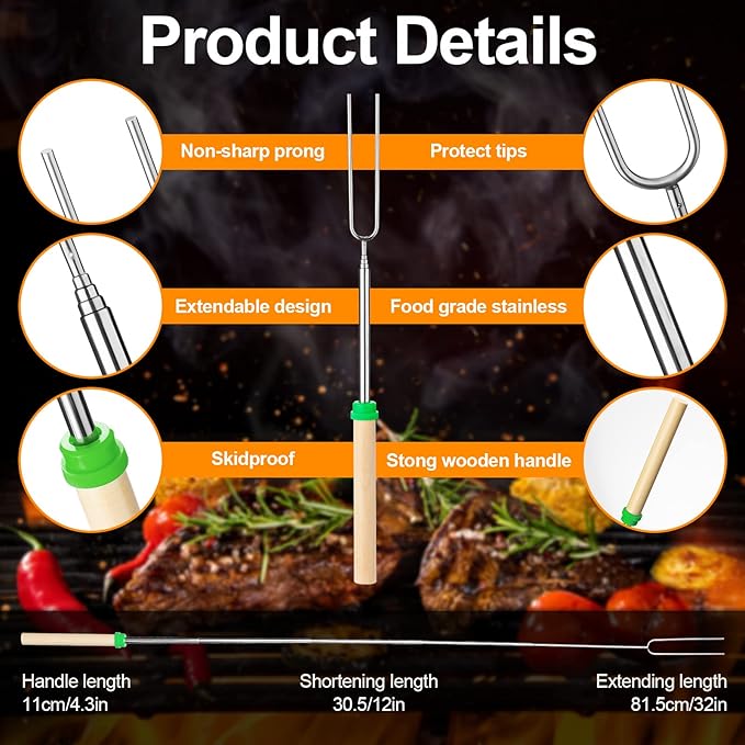Eccliy 48 Pcs Roasting Sticks Campfire Smores Skewers for Fire 32 Inch Long Extendable Fork Smores Sticks with Wooden Handle 4 Pcs Storage Bag for Cooking Grill Hot Dog Camping Accessories