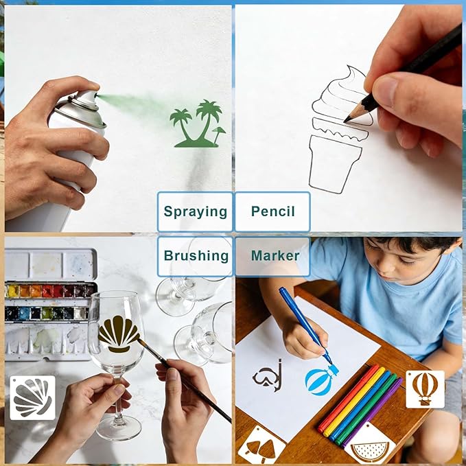 56 Pcs Summer Beach Stencils for Painting, Reusable 3x3in Hawaii Holiday Ocean Stencils for Painting on Wood Rock Wall Canvas Scrapbook, Small Stencil for DIY Art Crafts Home Decors Ornaments