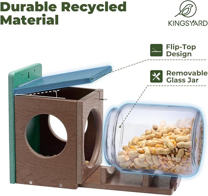 Kingsyard Recycled Plastic Squirrel Feeder for Outside, Squirrel Feeder Box with Peanuts Corn Storage Jar, Sturdy & Durable, Weatherproof (Green & Brown)