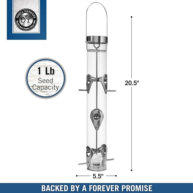 Droll Yankees Classic Sunflower or Mixed Seed Bird Feeder, Ring Pull Advantage, 6 Feeding Stations, 1 lb Bird Seed Capacity, 20-Inch