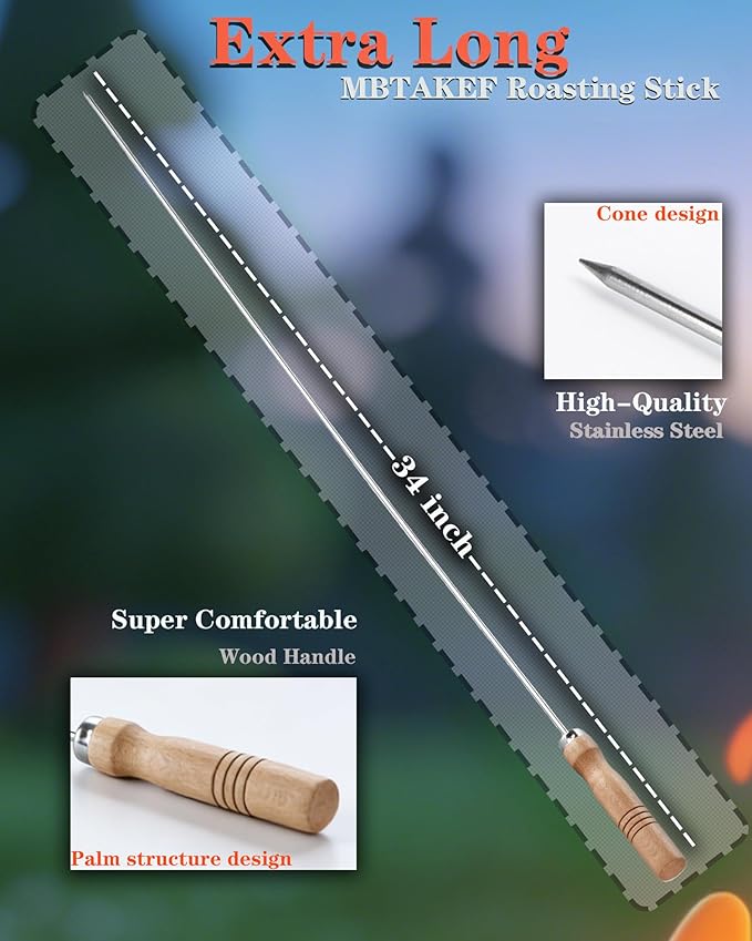 34" Stainless Steel Marshmallow Roasting Sticks with Wooden Handle,Extra Long Metal Smores Skewers for Fire Pit,BBQ Barbecue Skewers for Outdoor Campfire,Grilling,kebob,Hotdog,Sausage-(4 PCS)