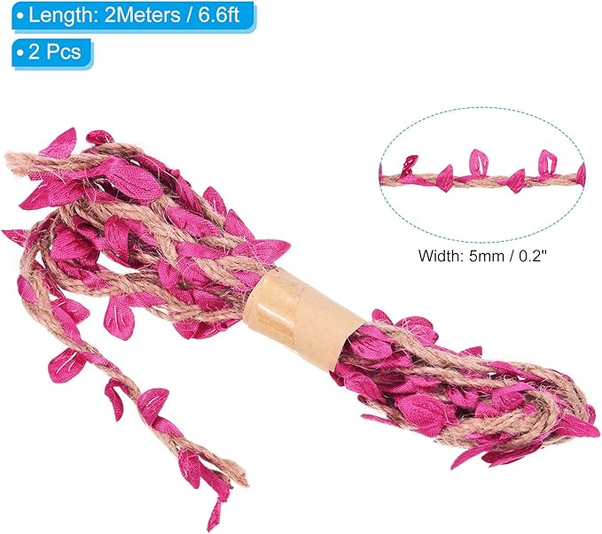 PATIKIL 6.6ft 5mm Burlap Leaf Ribbon, 2 Pack Braided Decoration Vine Natural Jute Rope Twine with Artificial Leaves for Jungle Wedding Party Home Garden Decor, Fuchsia