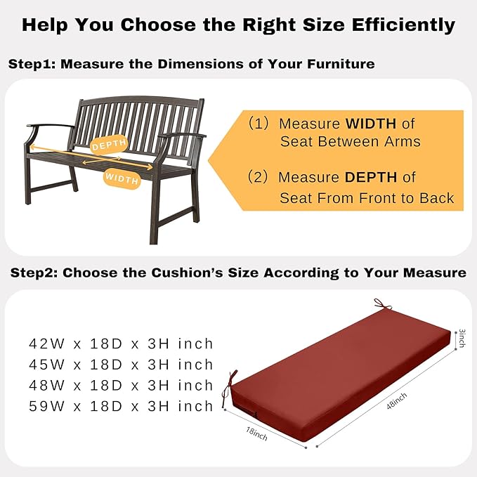 idee-home Outdoor Bench Cushion Waterproof, Bench Cushions for Outdoor Furniture, Patio Porch Swing Replacement Seat Pad with Ties for Garden Backyard, 48 x 18 Inch