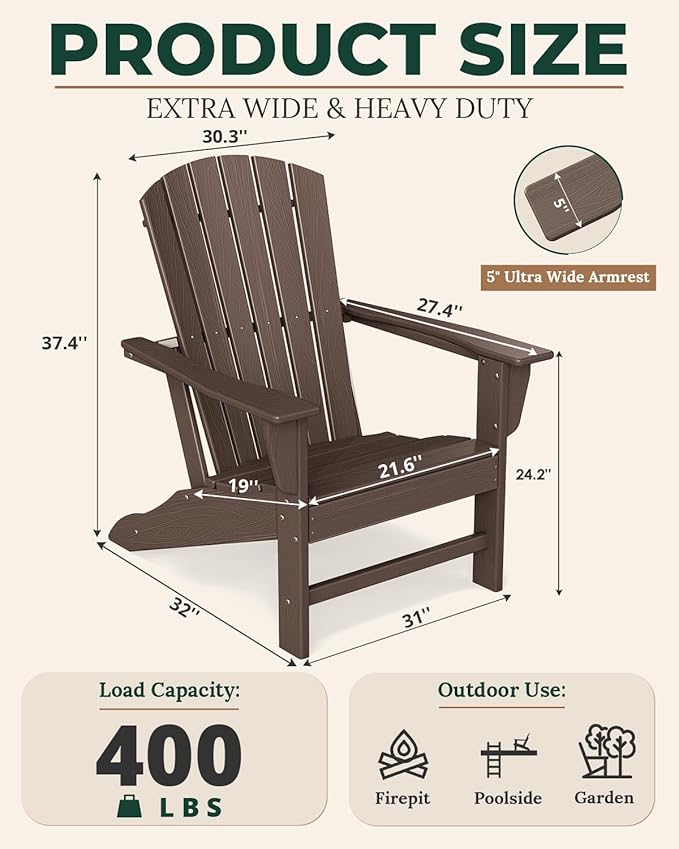 BRIOPAWS Adirondack-Chairs-Set of 4 | Brownwood Grain |Fire Pit Chair | Oversized | HDPE Plastic | Weather Resistant | for Deck Outdoor Poolside Campfire