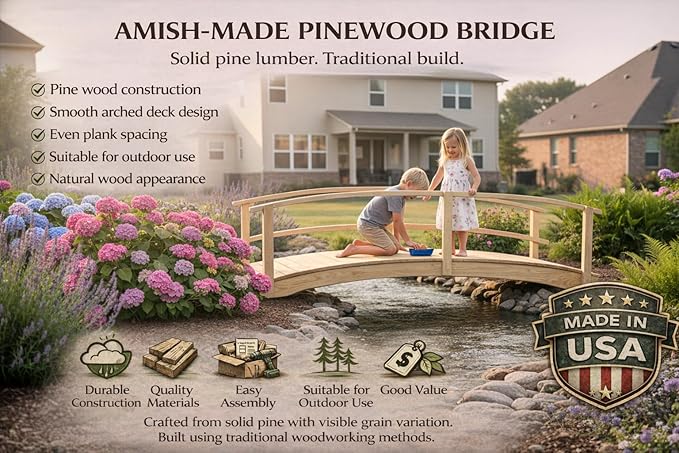 12 FT Cedar Amish Made Garden Bridge with Double Rails for Walkway, Backyard Pond & Landscaping, Outdoor Wooden Footbridge for Koi Pond, Japanese Style Decorative Bridge, Made in USA