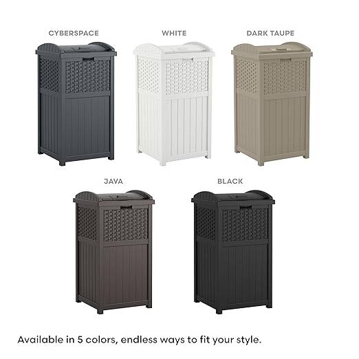 Suncast 33 Gallon Wicker-Style Hideaway Trash Can with Secure Latching Lid and Weather-Resistant Construction for Patio, Cyberspace Grey, Made in the USA