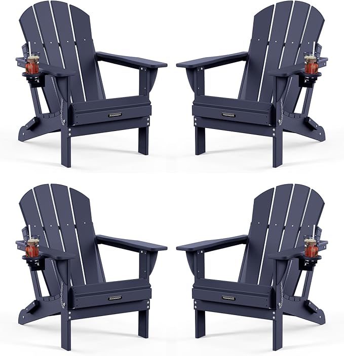 MUCHENGHY Folding Adirondack Chairs Set of 4, Patio & Outdoor Chairs, Plastic Weather Resistant with Cup Holder for Deck, Backyard, Garden (Dark Navy Blue)