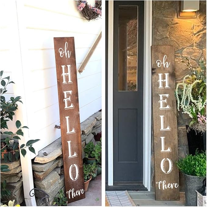 Large Oh Hello There Stencil - 7 Pack Vertical Oh Hello There Sign Stencils Templates for Painting on Wood, Reusable Letter Stencils for Front Porch Wood Signs