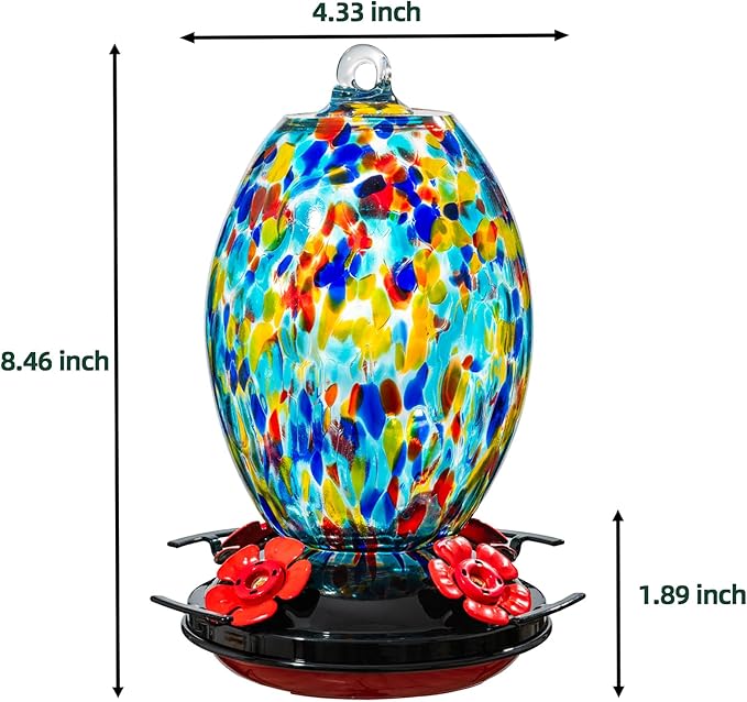Muse Garden Glass Humming Bird Feeders for Outdoors - 27OZ Blown Glass Hummingbird Feeder - Unique Gift for Mom Women Grandparents, Outdoors Hanging Garden Decor, Ant Moat & Brush, Blue Polka Dots