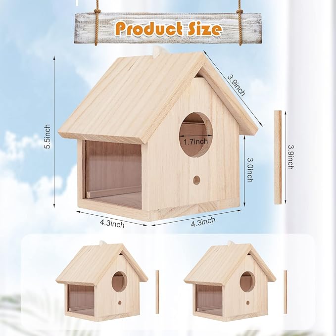 YUEPET 2Pcs Outdoor Bird Houses Transparent Wooden Bird House for Outside with Lanyard and Screws,Hanging Birdhouse Clearance for Finch Bluebird Cardinals Hummingbird