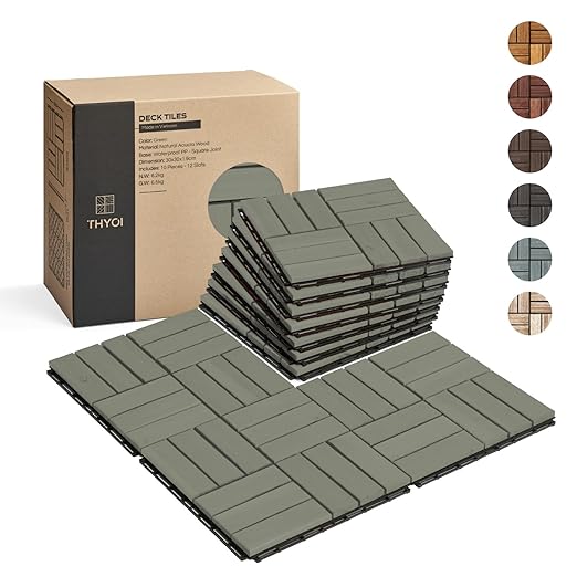 10 Pcs Deck Tiles, Patio Flooring - Outdoor Waterproof Acacia Wood Tiles for All Weather Use - Balcony, Backyard, Indoor & Outdoor (Green Crossed Pattern, 10 Square Ft)