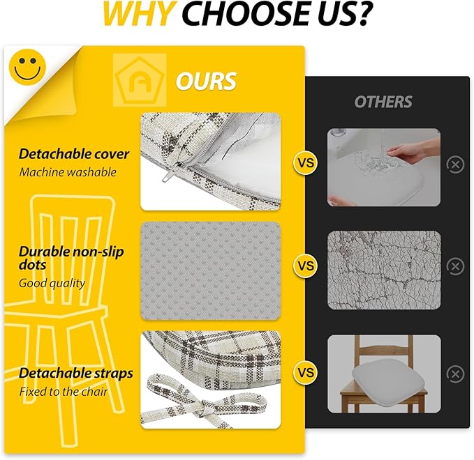 AAAAAcessories D-Shaped Chair Cushions, 2" Thick Dining Chair Pads with Ties and Removable, Machine-Washable Cover, 17" x 16", Set of 4, Yellow Checkered