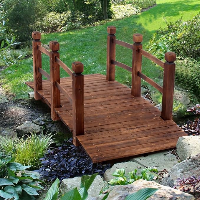 5FT Wooden Garden Bridge with Railings, Carbonized Fir Wood Arch Footbridge, Decorative Outdoor Pond Bridge for Yard Garden Backyard Patio Farm, Brown