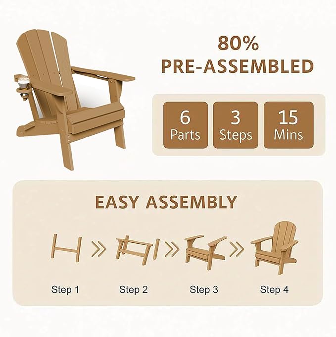 GLANC Folding Adirondack Chair Set of 2, HDPE All-Weather Outdoor Patio Fire Pit Chairs Lawn Chair for Poolside Backyard Deck Balcony, Wooden Textured with Cup Holder, 380LBS Capacity (Brown)