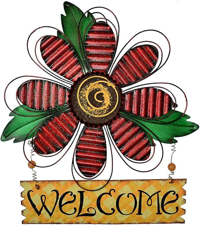 Large Rustic Metal Red Flower Welcome Wall Art Decor Hanging Metal Flower Welcome Door Wreath Kitchen Living Room Bathroom Patio Garden Yard Wall Decoration