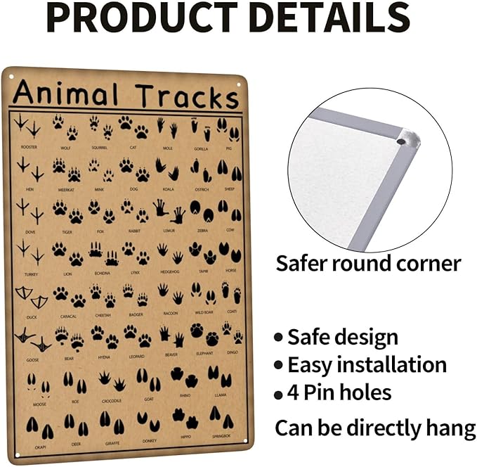 Animal Tracks Funny Hunting Vintage Metal Tin Sign Retro Rustproof Funny Art Wall Decor Gift for Cabin Animal Lovers 8x12 Inch