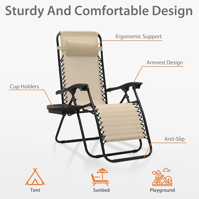 Zero Gravity Chairs, Portable Folding Reclining Lounge Chairs with Adjustable Pillow and Cup Holder Trays for Outdoor, Patio, Beach, Camping, Garden, Poolside, Beige