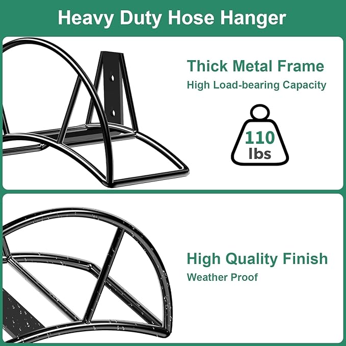 TomCare Garden Hose Holder Wall Mount Metal Water Hose Holder Holds 125Ft Hoses Heavy Duty Hose Hanger Sturdy Hoses Storage Organizer for Outside Yard Garden, Black