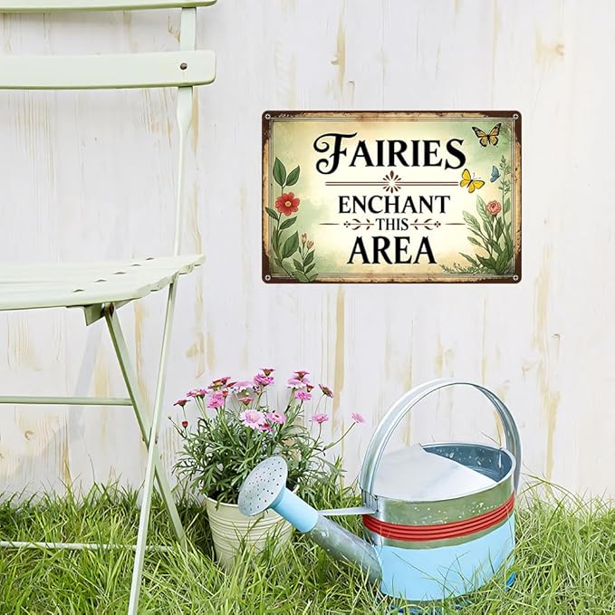 Funnysign Garden Gifts Vintage Fairy Garden Tin Sign – “Fairies Enchant This Area” – Rustic Floral Metal Wall Art for Backyard, Patio, Porch, Greenhouse, or Kids’ Fairy Garden Décor, 8×12 Inch (9817)