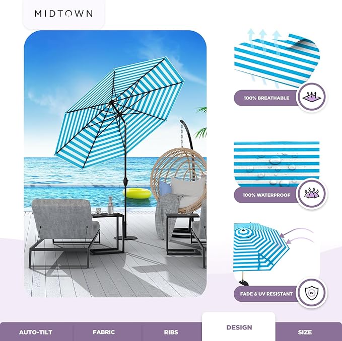 Midtown Umbrellas - 10-Year-No-Fade 10 Ft Patio Umbrella with Terylast Fabric, Auto-Tilt Aluminum Frame and 8 Reinforced Ribs for Deck, Pool, Garden & Beach - Blue/White Stripes Canopy, Black Pole