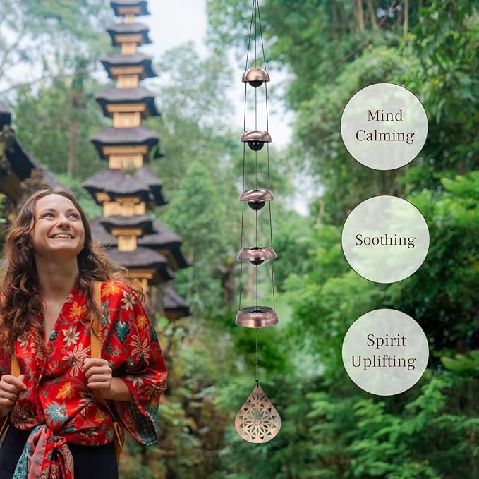36" Copper Temple WindChimes with 5 Bells, Melodious Zen Feng Shui Wind Bells for Outside, Memorial Wind Chime Sympathy Gift with Unique Teardrop Mandala Sail, Decorative Garden Decor for Yard Patio