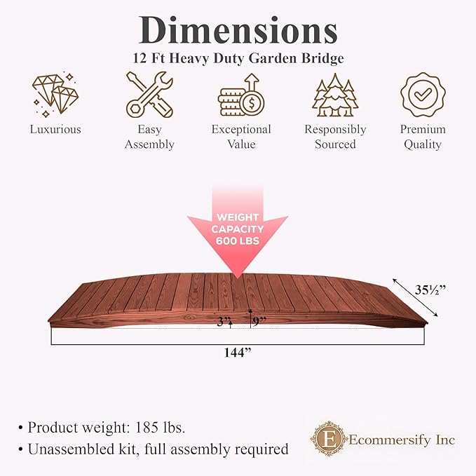 12 FT MAHOGANY Amish Made Pinewood Heavy Duty Garden Bridge for Walkway, Backyard Pond & Landscaping, Outdoor Wooden Footbridge for Koi Pond, Japanese Style Decorative Bridge, Made in USA